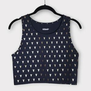 Oiselle Black Gold Ribbon Print Crop Tank Running Athletic Top Womens Med